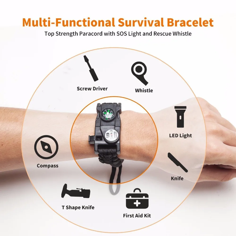 Military Emergency Braided Survival Bracelet With SOS LED Paracord Outdoor Camping Rescue Rope Bangles Compass Whistle Knife