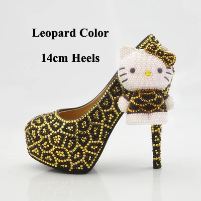 Свадебные туфли с леопардовым принтом, золотистого и черного цвета, украшенные стразами; свадебные модельные туфли на платформе; обувь для выпускного вечера; большие размеры 11 - Цвет: Leopard 14cm Heels