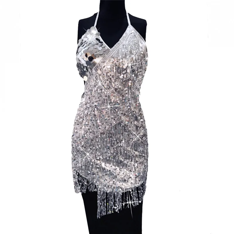 FestivalQueen блестящее мини-платье с лямкой на шее, блестящая бахрома, кисточка, золочение, сценическое платье с открытой спиной для латинских танцев для женщин - Цвет: silver dress