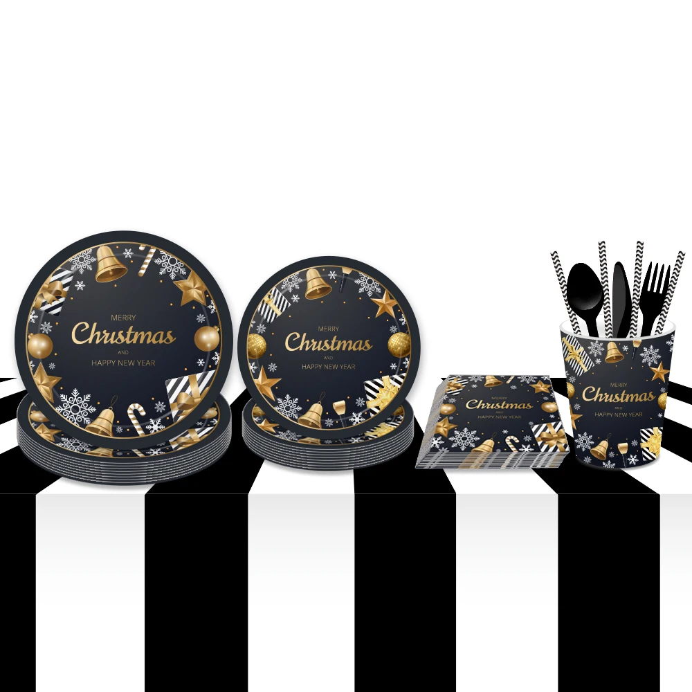 Классические веселые рождественские кармашки для столовых приборов Наборы украшений для дома черные золотые одноразовые тарелки салфетки чашки бумажные соломинки для напитков