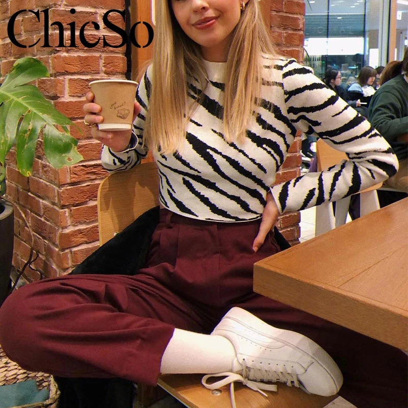 

MissyChilli Knitted zebra short sweater jumper Women elegant autumn female pullover Sexy black office streetwear warm sweater