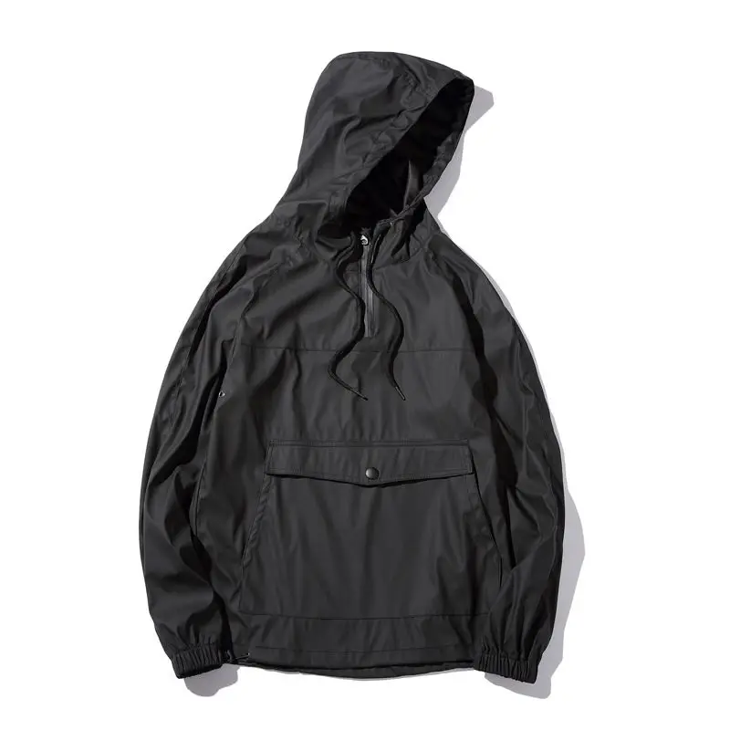 

Autumn Winter kangaroo pocket hooded jacket High quality pu leather Waterproof pullover 111602