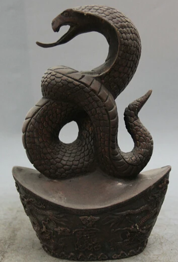 

JP S0524 9" Chinese Bronze Wealth Money Folk Zodiac Year Snake Dragon Statue sculpture