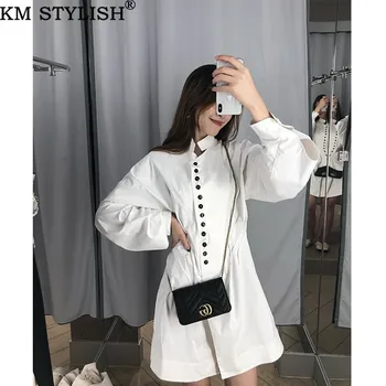 

2019 Spring New Korean Button Irregular Shirt Women Pleated Buttoned Solid White Color Medium Long Temperament Shirt