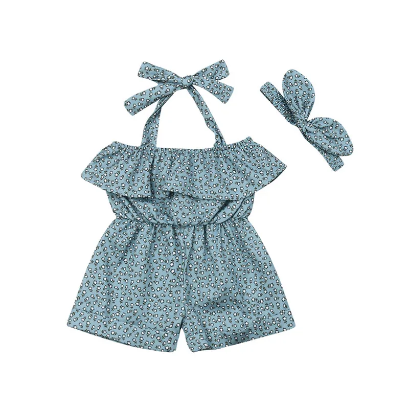 

Newborn Baby Girls clothes off shoulder Ruffle strap sleeveless Romper bow Geometry Headband 2pc summer kids Toddler outfits