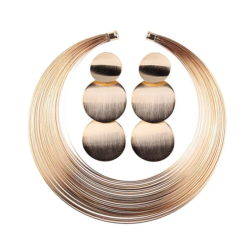 

Gold/Silver Bohemian Ethnic Wedding Engagement Jewelry Set Round Multiple Strands Choker Necklace and Earrings Set for Women VL