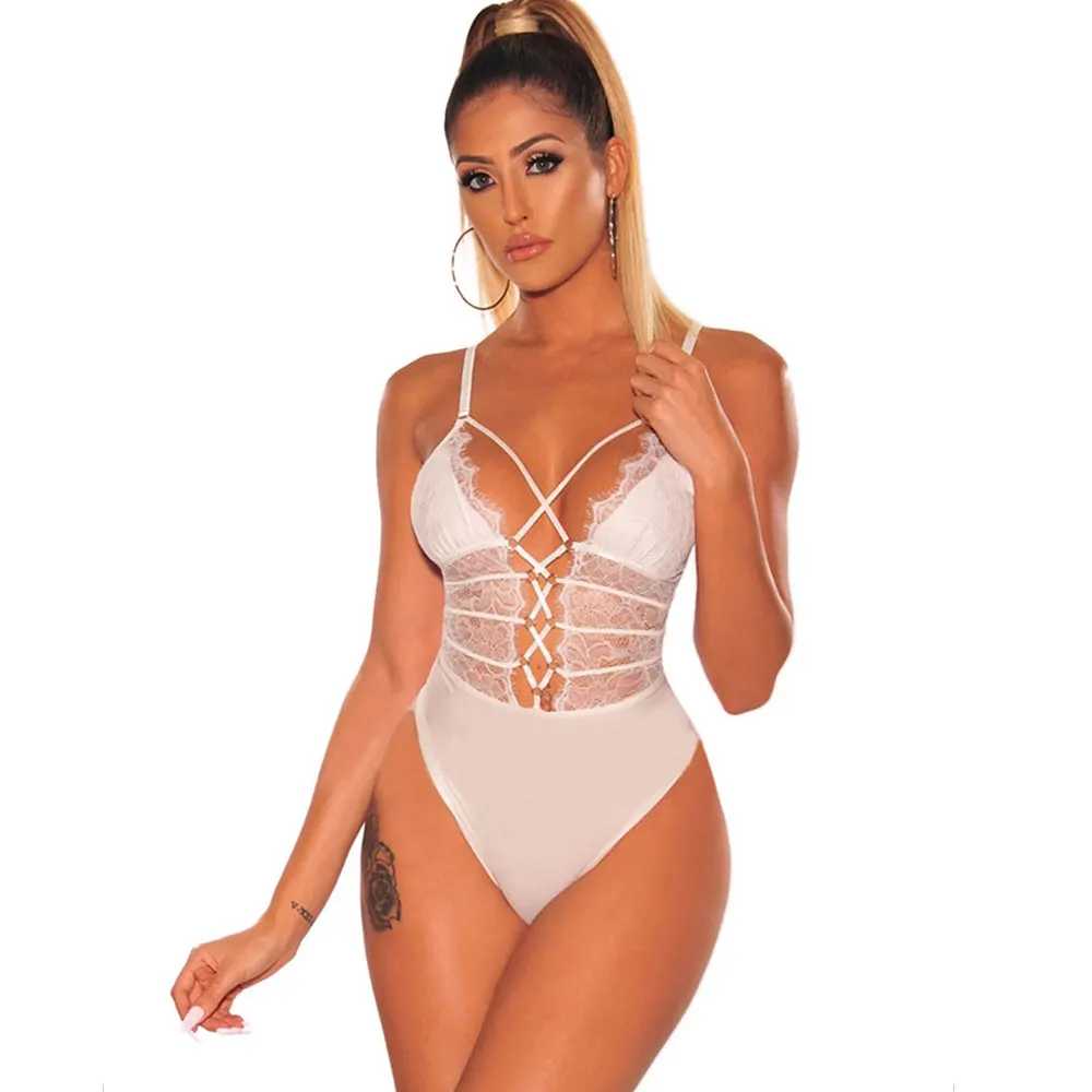 Buitifo Women Lace Bodysuit Sexy Eyelash Hollow Out Teddy One Piece Baby Mesh Lingerie See Through