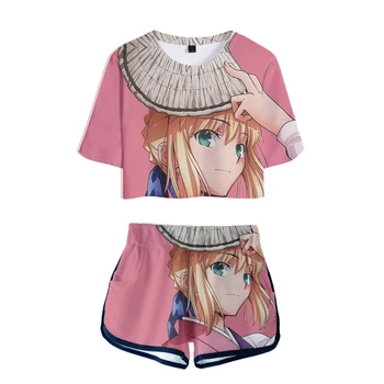 

Fate/stay night TV animation game Cartoon Harajuku Fashion New 3D Cool Streetwear Two Pieces set Sexy Navel T-shirt+Shorts Women
