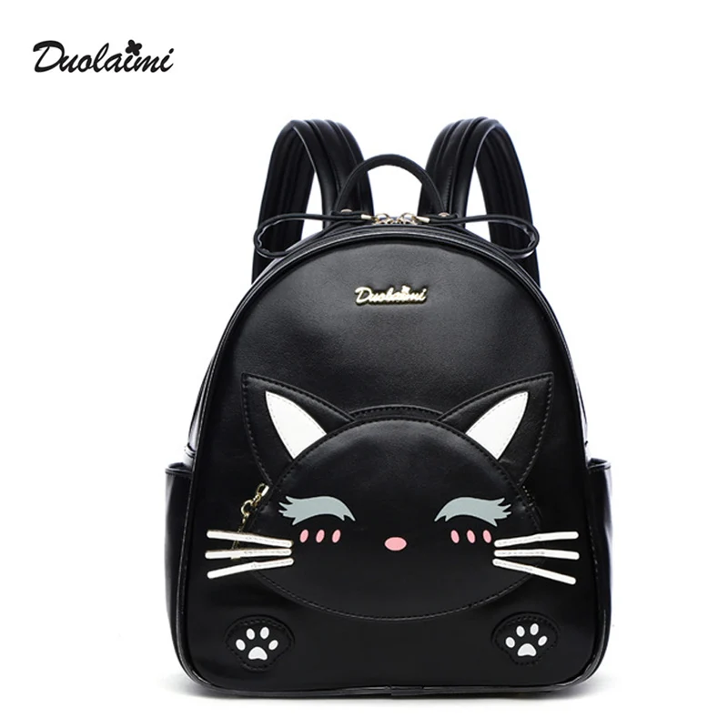 

DouLaiMi Cat Backpack Black Preppy Style School Backpacks Cute Quality PU Leather Fashion Women Shoulder Bag Travel Back Pack