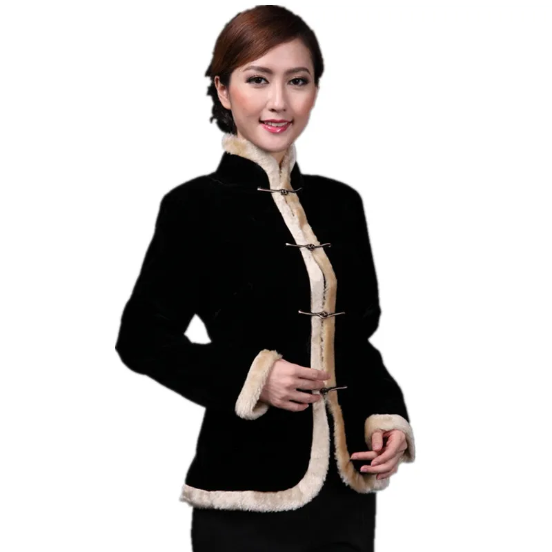

Free Shipping Autumn Winter Spring Black Chinese Lady Velvet Jacket Mandarin Collar Slim Outwear Button Solid Coat SizeS To XXXL