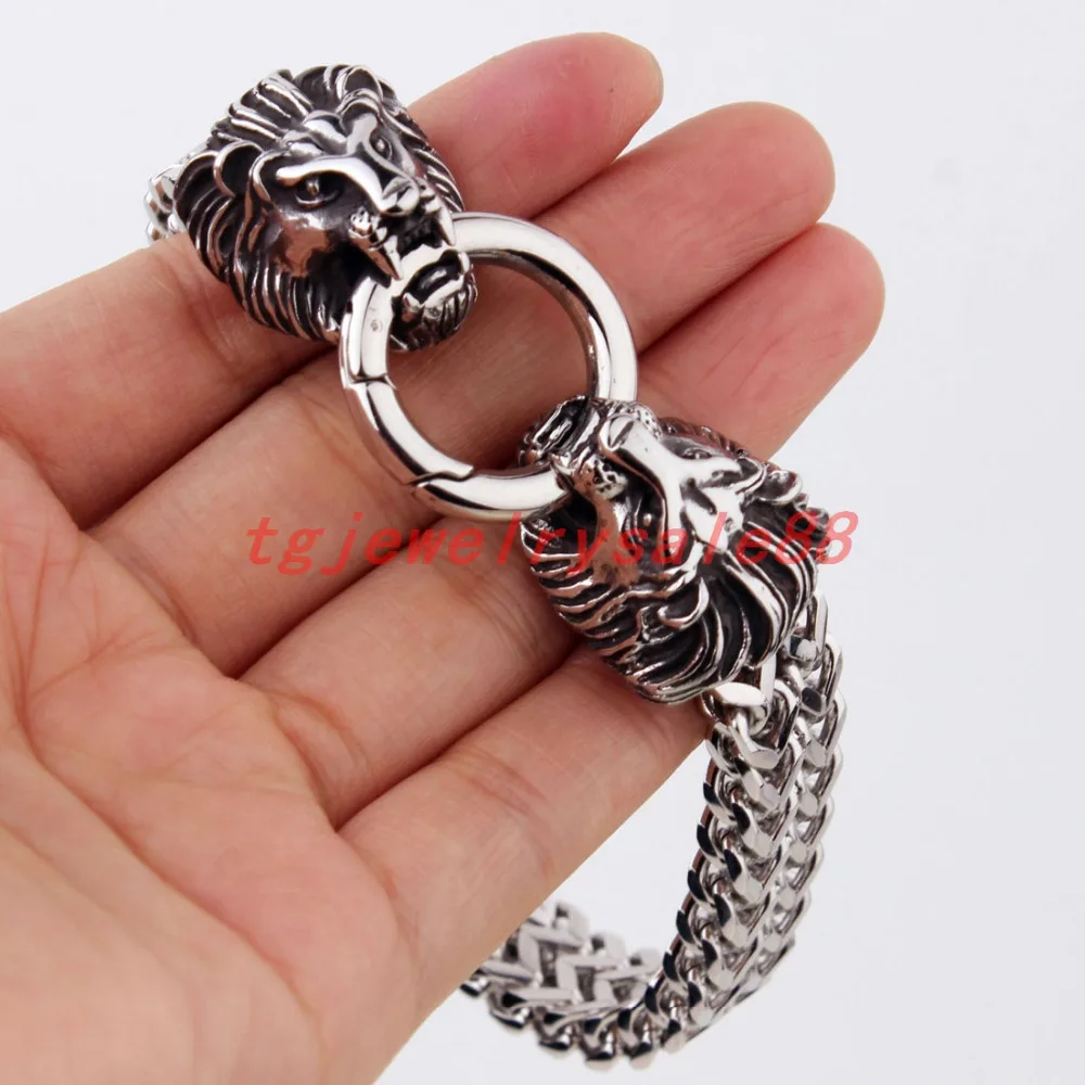 

New Fashion 12mm Wide Figaro Rolo Link Chain With Silver Black Stainless Steel Lion Head Clasp Bracelet Jewelry Cool Men's