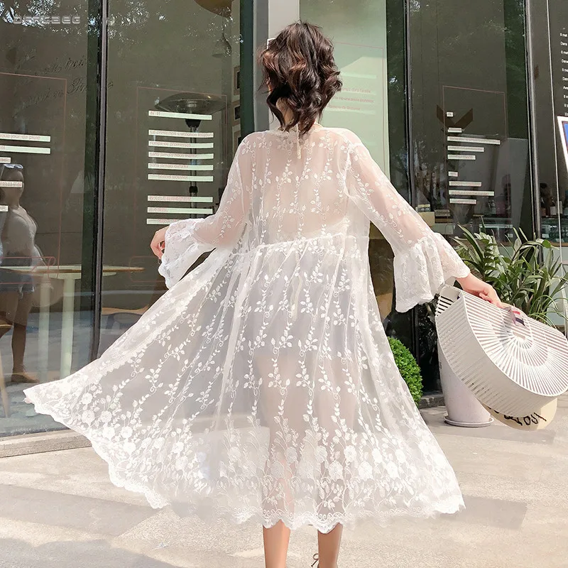

New Arrivals White Kimono Cardigan Lace Blouses Woman Summer 2019 Casual Long Sleeve Ladies Long Shirt Sun Protection Clothing