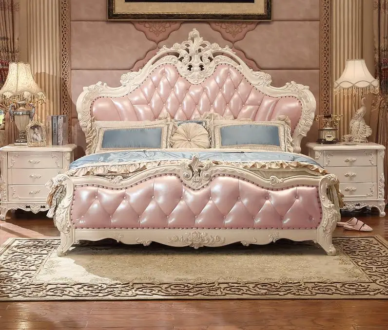 Solid Wood Pink Color French Style Luxury Bedroom Furniture Sets leather bed