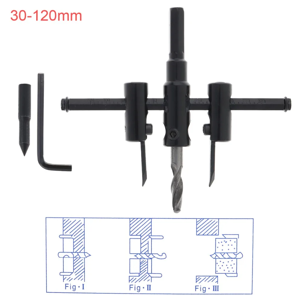 

30-120mm Woodworking Adjustable Aircraft-type Wood Circle Hole Saw Cutter Tool Kit Cordless Drill Bit