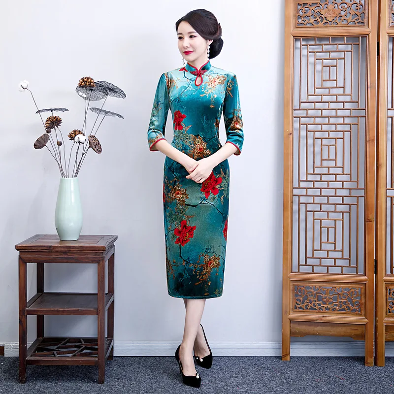 Китайский национальный Мандарин Воротник Cheongsam винтаж бархат дамы вечернее платье Элегантная одежда для сцены Qipao 3XL 4XL