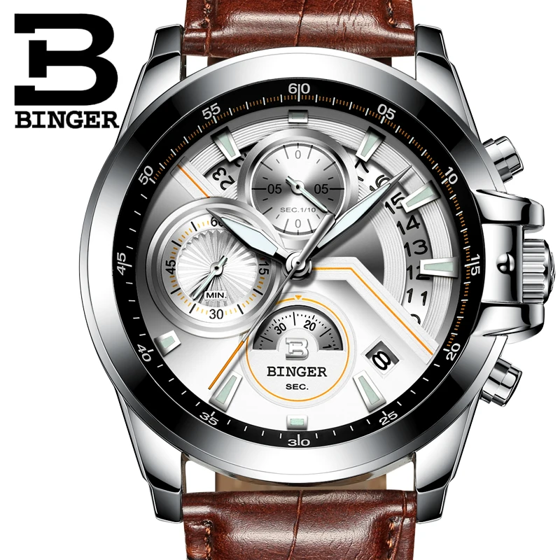 

Switzerland Men's Watch Luxury Top Brand BINGER Big Dial Face Chronograph Water Resistant Leather Strap quartz clock B-9016-6