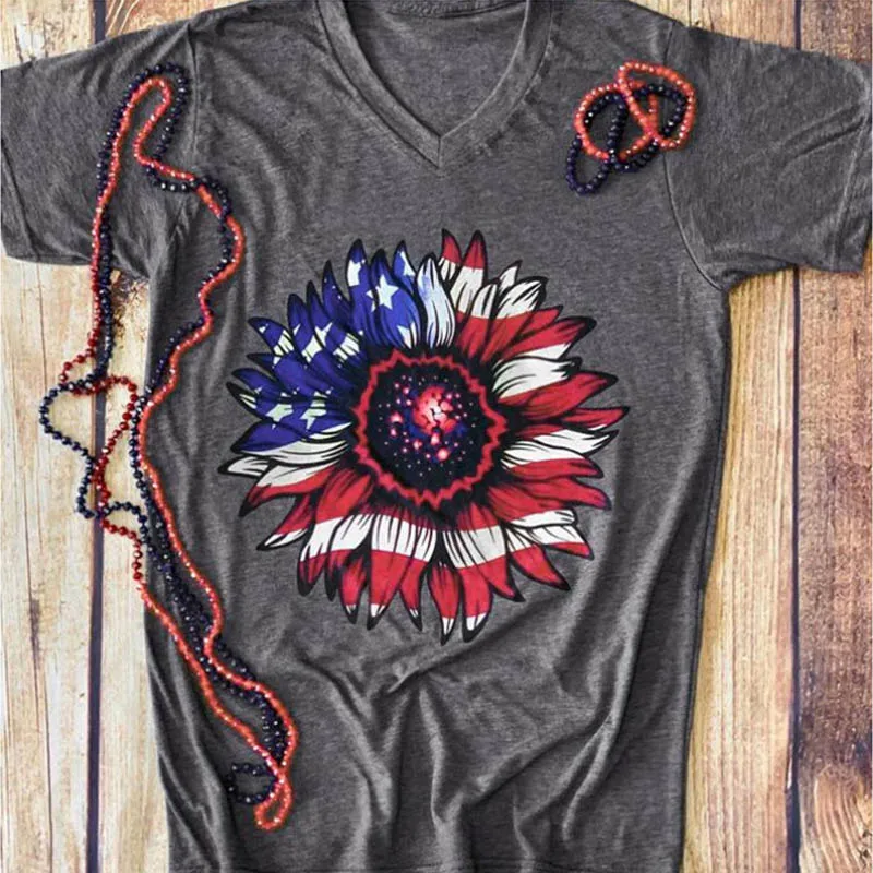 

Sunflower American Flag Print Women T shirt Cute Graphic Tees Casual loose T-shirt Harajuku Summer Beach Female Vogue Tshirts