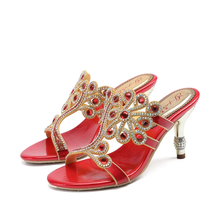 G-sparrow Summer Women Fashion High Heel Stiletto Slippers New Diamond Luxury Elegant Shoes Red Size 1110
