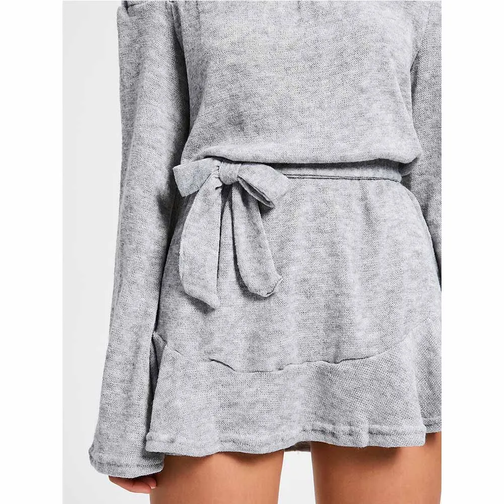 VESTLINDA Off Shoulder Mini Gray Dress with Belt Slash Neck Long Sleeve Casual Dresses Women Fall 2017 Fashion Vestido De Festa 4