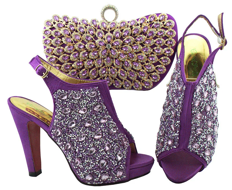 

Aso ebi italian shoes and bag fashion shoe and bag italy purple color party sandal shoes and clutches bag full stones SB8288-3