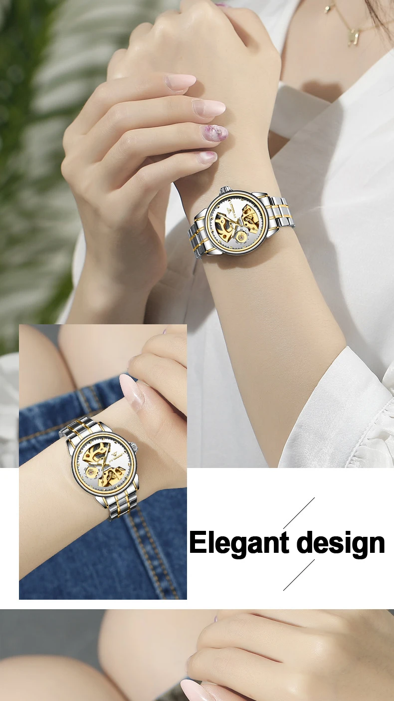 Роскошные золотые и серебряные механические часы для женщин Лидирующий бренд элегантные полностью стальные женские наручные часы женские Автоматические часы Montre Femme