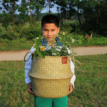 

WHISM Handmade Bamboo Storage Baskets Foldable Laundry Straw Patchwork Wicker Rattan Seagrass Belly Garden Pot Planter Basket