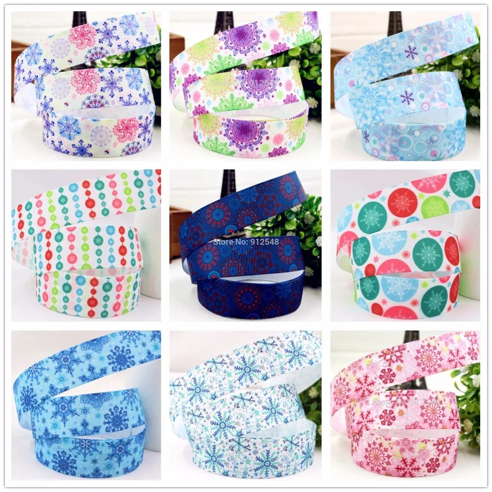 

YJHSMY 9 style 5yard/ot XW9211,22/25mm Christmas snowflake Series Printed grosgrain ribbon,DIY handmade,headwear accessories