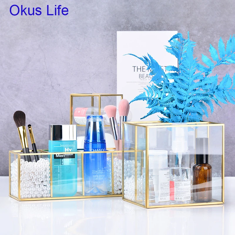 

Luxury Clear Glass Makeup Box Cosmetic Storage Box Makeup Brushes Organizer Pencil Lipstick Holder Makeup Tools Organizer Case