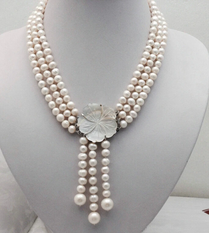 

0001211 party 3 rows flower 7-8 mm clasp white pearl necklace