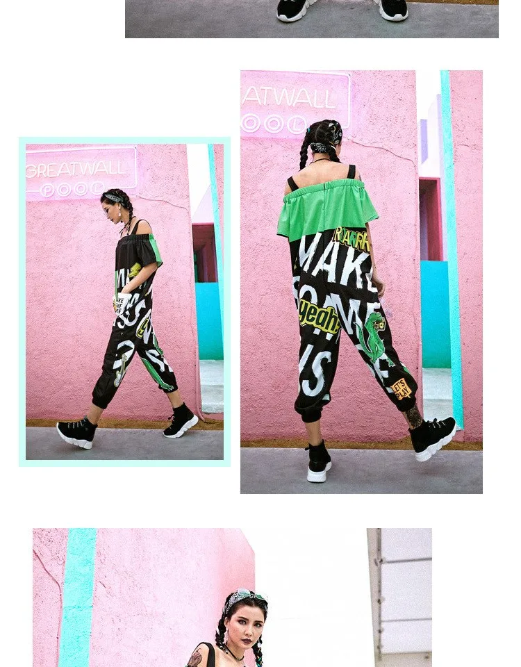 2018 Новый с плечевой ремень Для женщин комбинезоны комбинезон с принтом «граффити» хип-хоп танцев Брюки Свободные мультфильм детский
