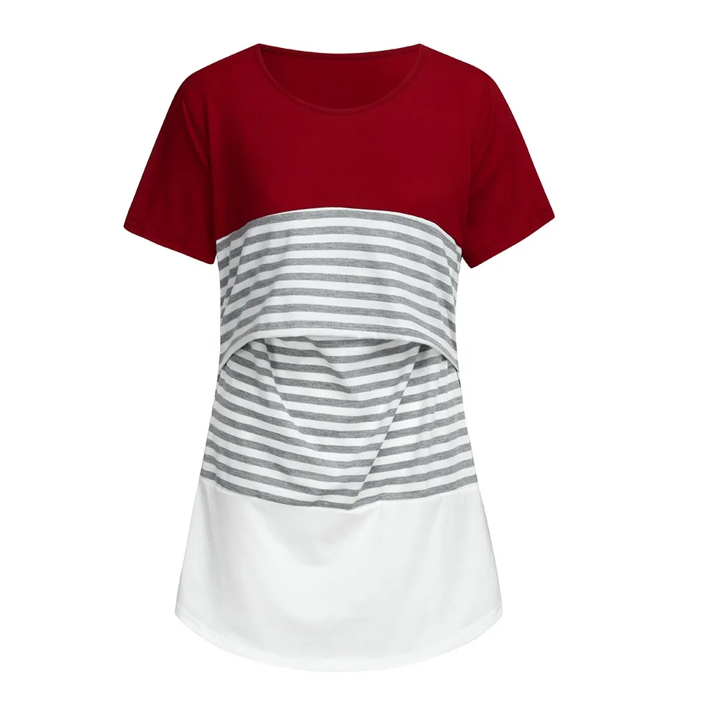 Maternity T-shirt 2019 New maternity clothing Women Maternity Short Sleeve Stripe Splicing Mom Nursing Baby Tops T-shirt Summer