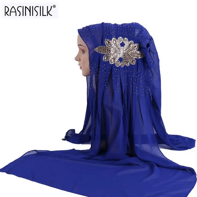 Новые женские дизайнерские хиджаб шарфы большая аппликация стразами пузырь шифон мусульманский шарф Ислам платок арабский тюрбан - Цвет: C5 loyal blue
