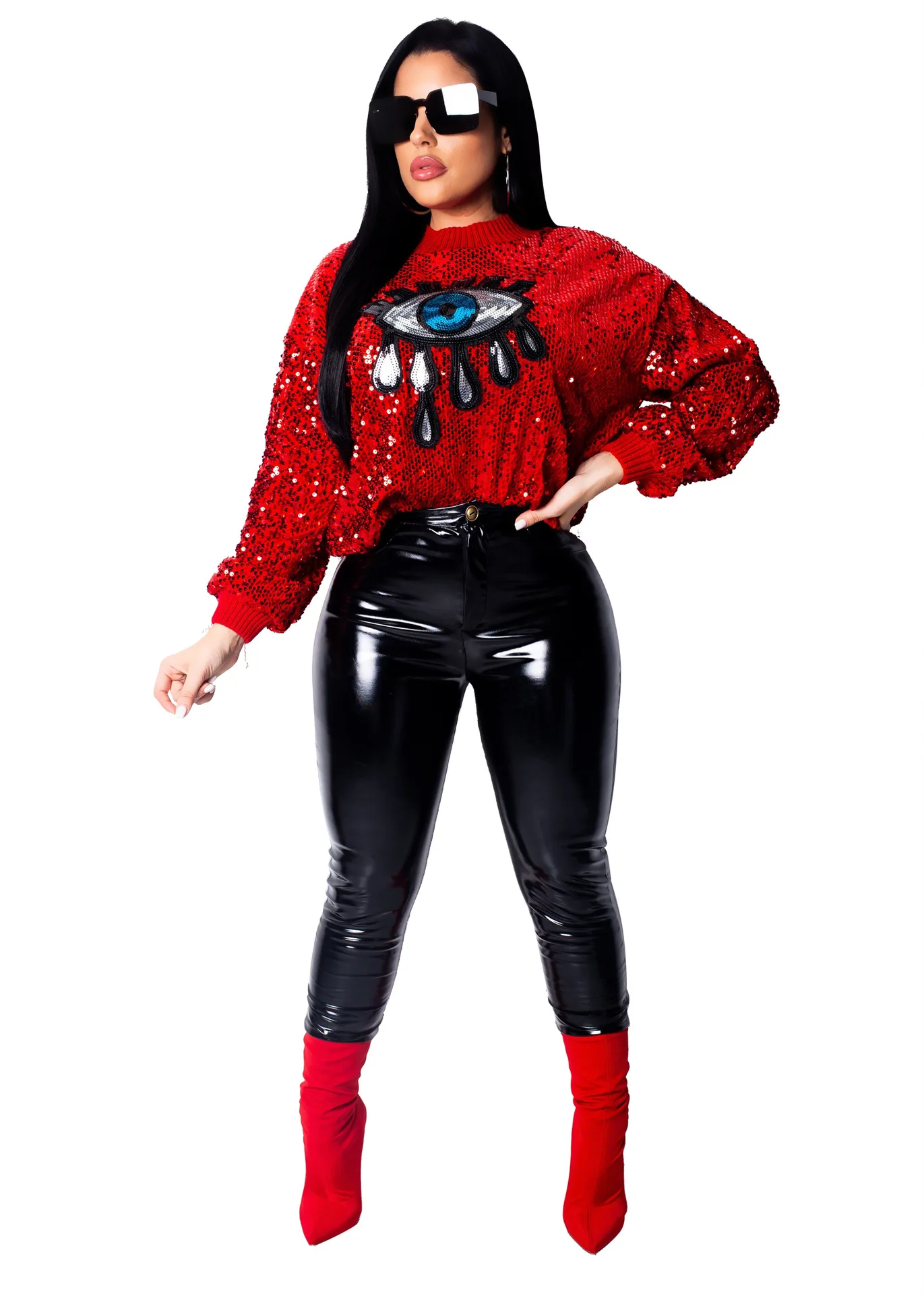 

Women New Sequins Eye Cry Tougue Lip Mouth Sexy O-neck Pullovers Long Sleeve Active Wear Sweatshirts Hoodies Sweaters XM6062
