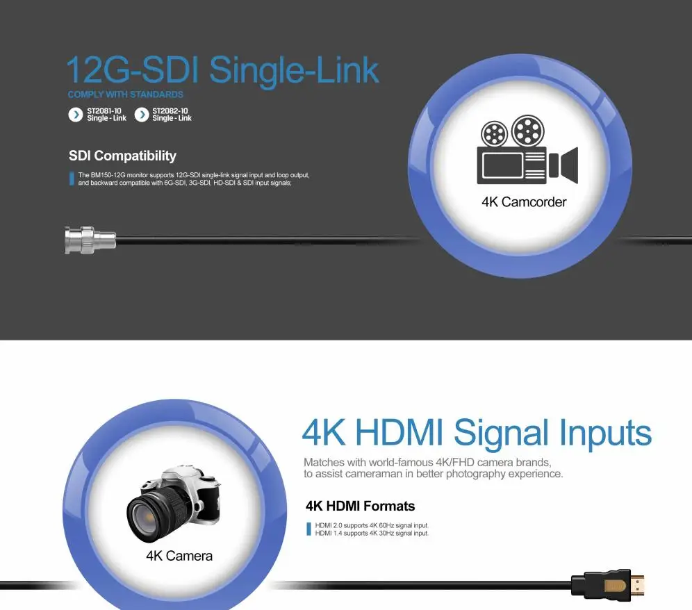 Lilliput BM230-12G 23," 3840*2160 12G SDI 4 K HDMI широковещательный монитор 12G-SDI одноканальный, двухканальный, Quad-Link