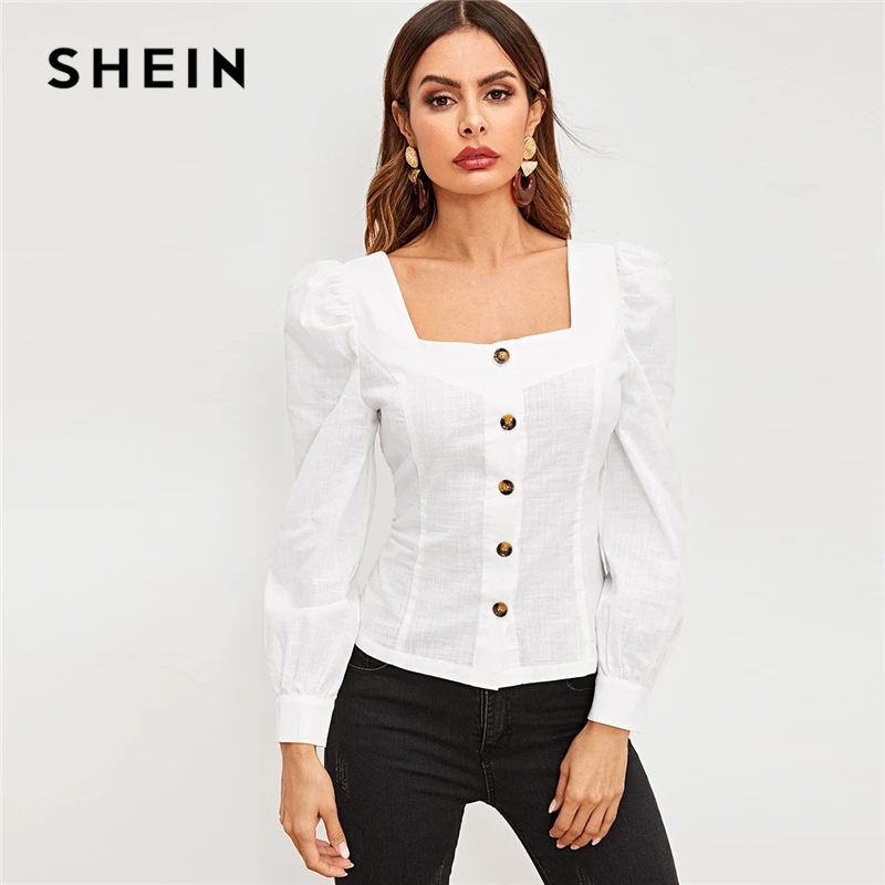 

SHEIN White Button Up Placket Gigot Sleeve Square Neck Slim Fit Shirt Women Blouse Elegant Spring Plain Cotton Vintage Blouses