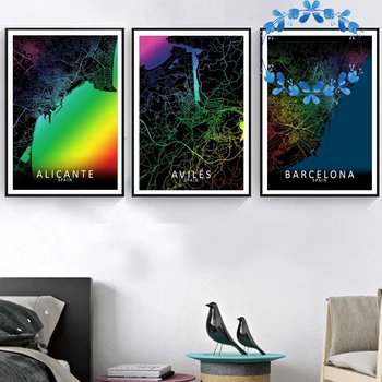 

SPAIN Madrid Oviedo Seville Zaragoza Bilbao Valencia Rainbow City Map Art Canvas Poster Wall Picture for Living Room No Frame
