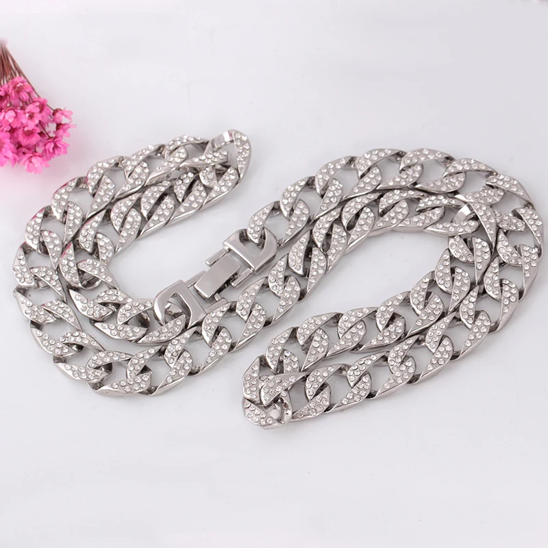 Silver Crystal Rhinestone Link Chain Necklace For Rock Cool Men Charms Jewelry Shellhard Hip Hop Cuban Chain 66cm Wedding Gift