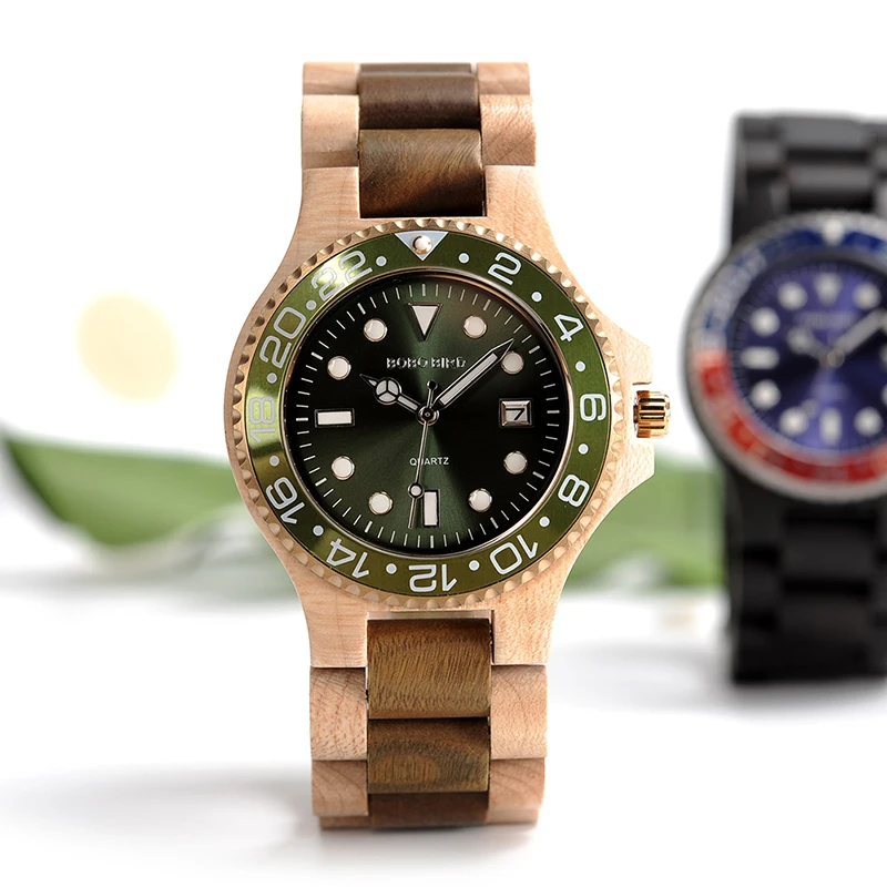 BOBOBIRD Mens Dress Watch Classic Steel Face Wooden Case Watches with Wooden Band in Gift Box
