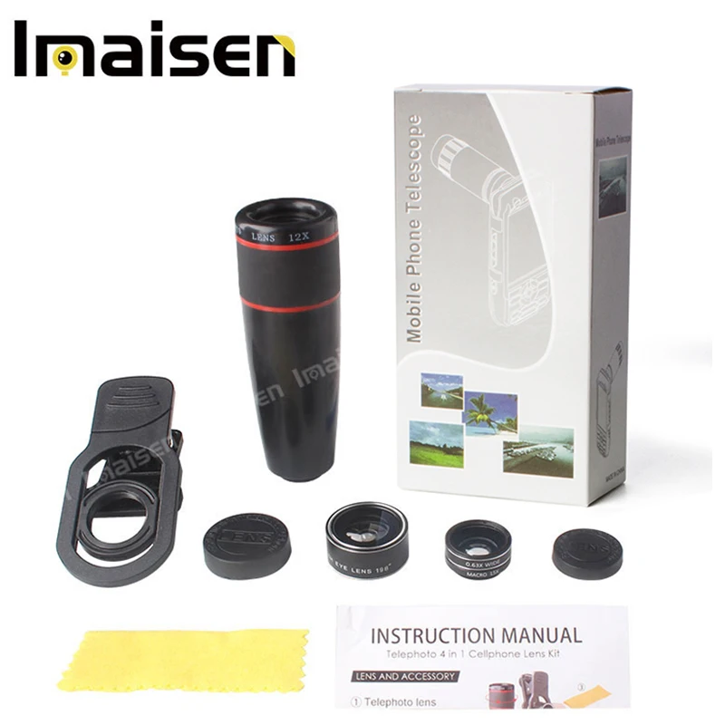 Universal Clip 4 in1 Lens 12X telephoto lens +0.63x wide angle+ 15x macro + 198fisheye for Mobile Phone in Camera | Мобильные