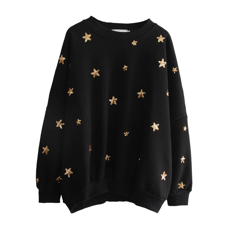 

women winter crew neck black star sequined sweatshirts pullovers casual