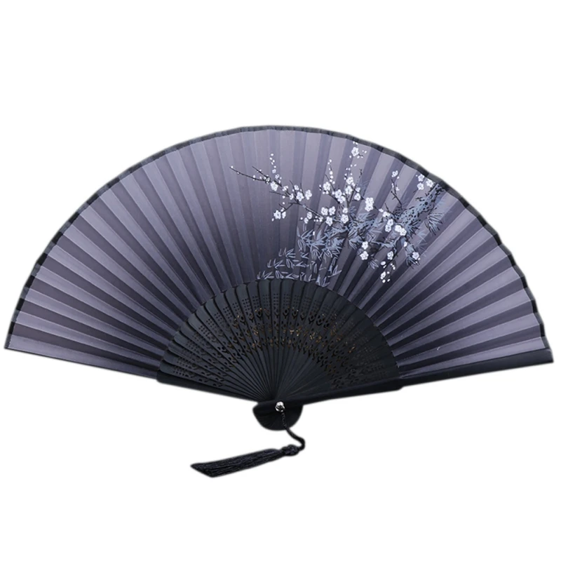 

Single Section Lily Flower With Fringed Simulation Silk Plum Blossom folding hand Fan Black Bone Blue Lily Flower Fan Home Decor