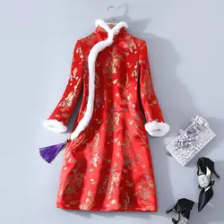 Новый Кролик окантовкой улучшить низкой Разделение короткие Cheongsam Стенд воротник Теплые; больших размеров бархат Ретро девять точки