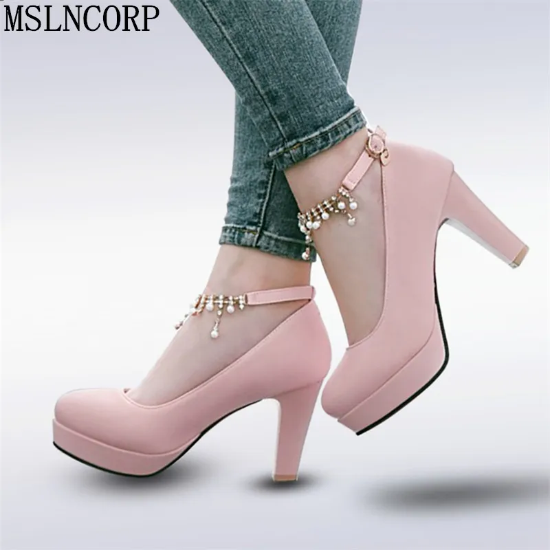 

plus size 34-44 Women Thick High Heel Shoes Sexy Women Metal Chain Crystal Platform Heels Pumps Ladies Office Daily work dress