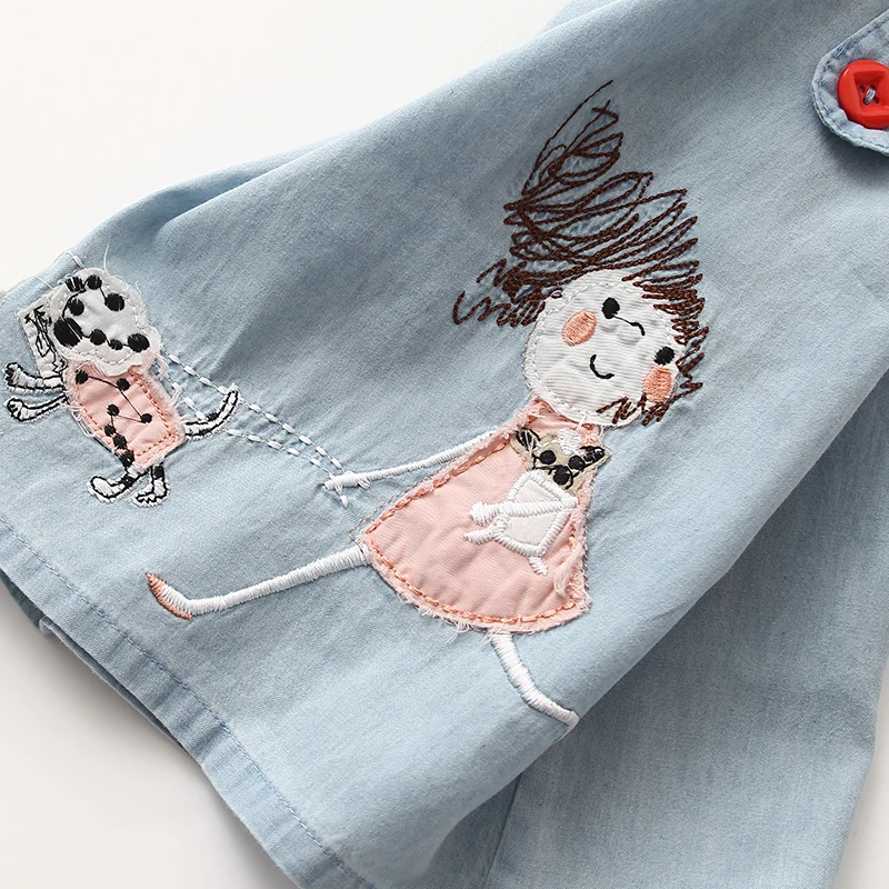 Summer New 2 3 4 6 8 10 Years Embroidery Cartoon Dog Tank Vest Dresses With Button O-Neck Cotton Baby Kids Girl Denim Dress