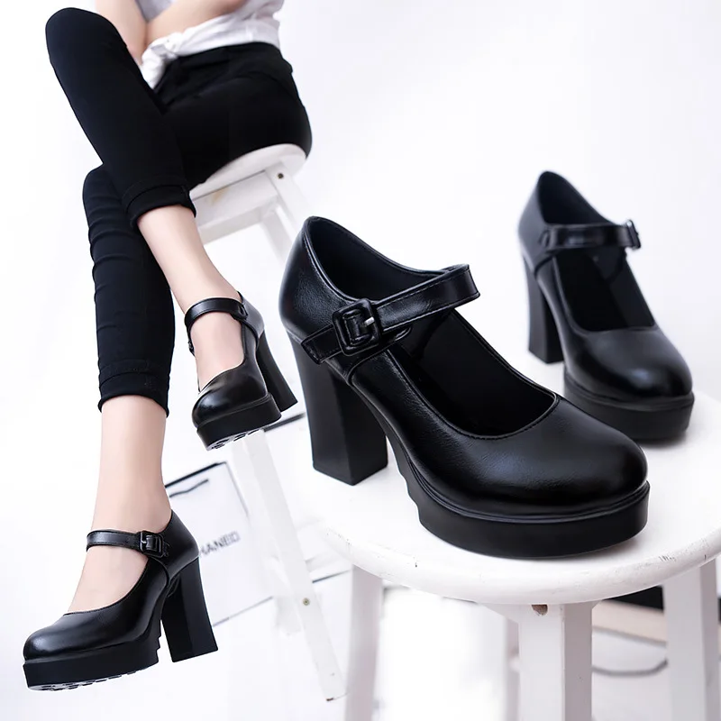 Женская обувь; модная классическая обувь с круглым носком и пряжкой на ремешке на Высоком толстом каблуке 9,5 см; Женская рабочая обувь на платформе; женские туфли-лодочки