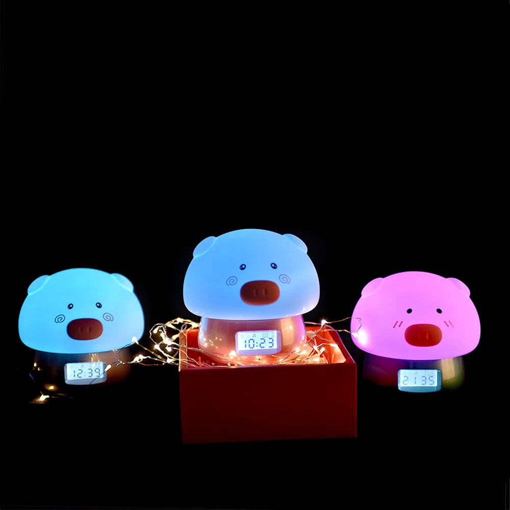 3 in 1 Pig LED Night Light with Alarm Clock Recorder Remote Touch Sensor Colorful USB Silicone Children Kids Baby Bedside Lamp (9)