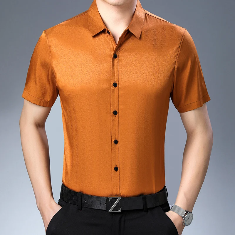 

New Male Summer Casual Soft Silk Clothes Shirt Mens Pure Color Silk Shirt Short Sleeve Dress Shirt Free