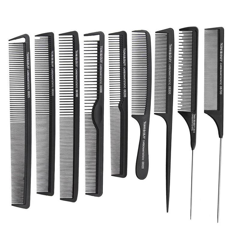 Black 9 Piece Hair Salon Comb Hairdressing Carbon Comb Antistatic And Heat Resistant Hairdresser Cutting Comb In Carbon Material