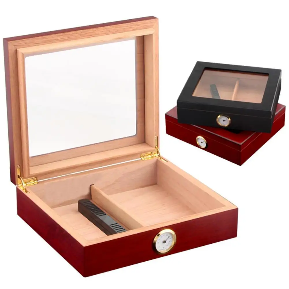 

Cigar Humidor Storage Box Wooden Humidifier Hygrometer Case with Transparent Lid Set