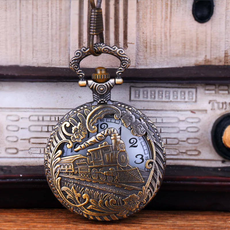 

Vintage Quartz Pocket Watch Train Carved Openable Hollow Steampunk Theme Pocket Fob Watch Men Women Necklace Pendant Clock Gifts
